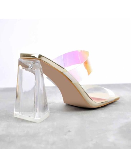 Square Toe Clear Band Slip On Chunky Heel Sandals Mules