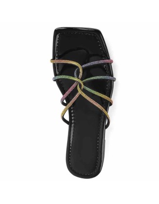 Square Toe Colorful Strap Flat Sandals Mules