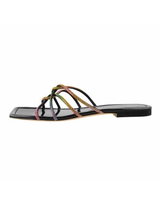 Square Toe Colorful Strap Flat Sandals Mules