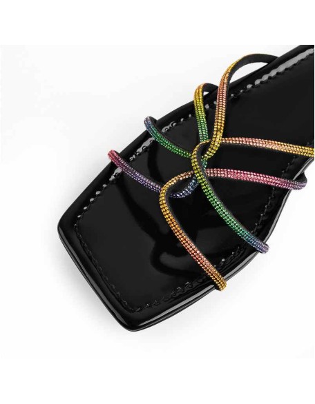Square Toe Colorful Strap Flat Sandals Mules