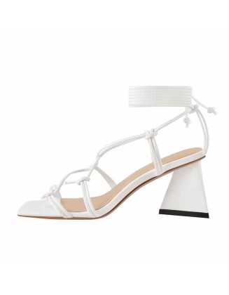 Square Toe Gladiator Lace Up Chunky Heel Sandals