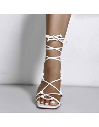 Square Toe Gladiator Lace Up Chunky Heel Sandals