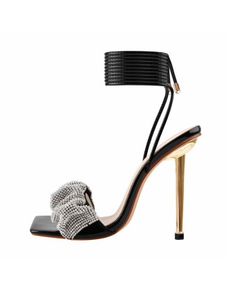 Rhinestone Band Square Toe Lace Up Stiletto Sandals