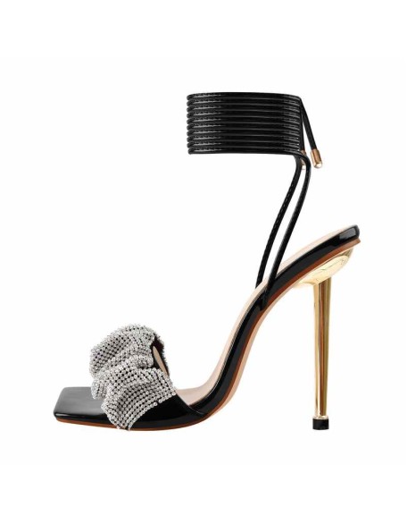 Rhinestone Band Square Toe Lace Up Stiletto Sandals