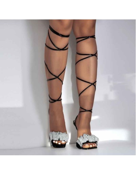 Rhinestone Band Square Toe Lace Up Stiletto Sandals