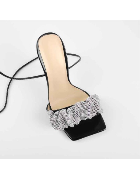 Rhinestone Band Square Toe Lace Up Stiletto Sandals