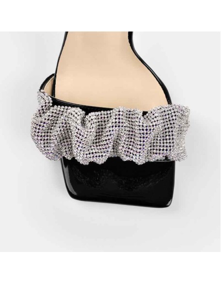 Rhinestone Band Square Toe Lace Up Stiletto Sandals