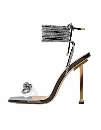 Square Toe Diamante Bow Rhinestone Lace Up Stiletto Sandals