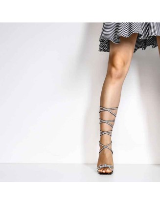 Square Toe Diamante Bow Rhinestone Lace Up Stiletto Sandals