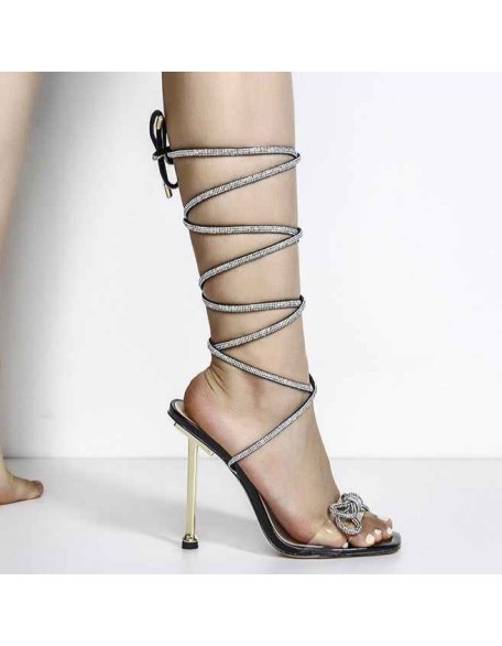 Square Toe Diamante Bow Rhinestone Lace Up Stiletto Sandals