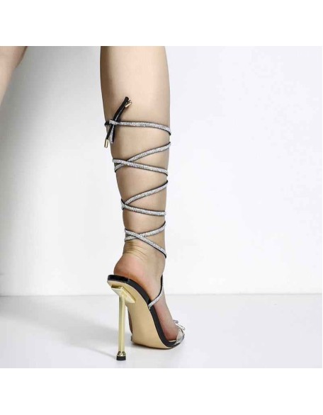 Square Toe Diamante Bow Rhinestone Lace Up Stiletto Sandals