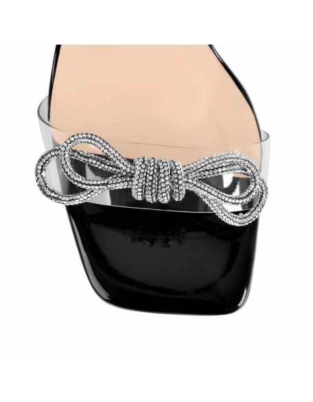 Square Toe Diamante Bow Rhinestone Lace Up Stiletto Sandals