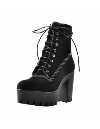 Platform Lace Up Elastic Chunky Heel Ankle Boots