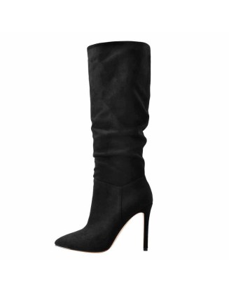 Black Pointed Toe Stiletto Suede Boots
