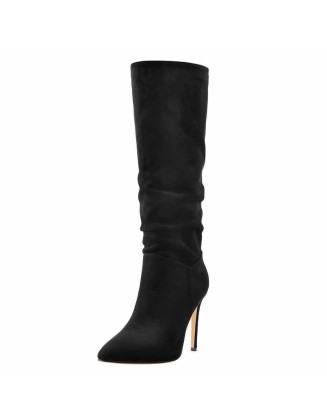 Black Pointed Toe Stiletto Suede Boots