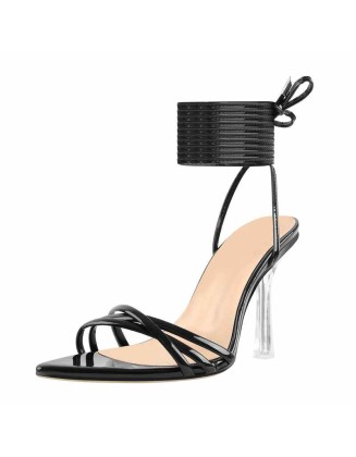 Pointed Toe Strap Lace Up Clear Heel Sandals