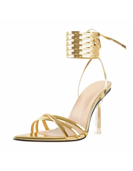 Pointed Toe Strap Lace Up Clear Heel Sandals