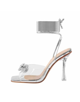 Clear Square Toe Diamante Bow Single Band Lace Up Sandals