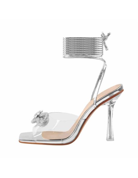 Clear Square Toe Diamante Bow Single Band Lace Up Sandals