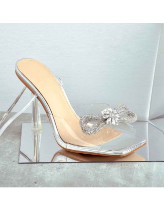 Clear Square Toe Diamante Bow Single Band Lace Up Sandals
