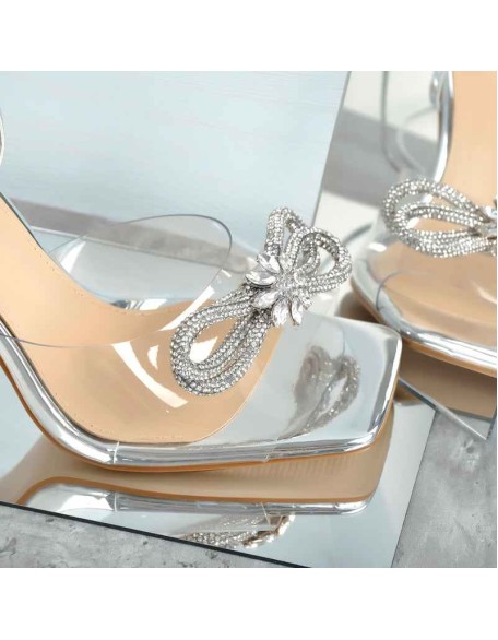 Clear Square Toe Diamante Bow Single Band Lace Up Sandals
