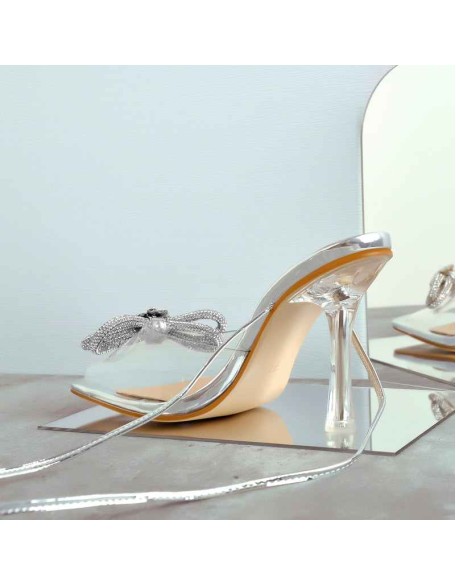 Clear Square Toe Diamante Bow Single Band Lace Up Sandals
