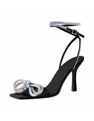 Square Toe Diamante Bow Rhinestone Ankle Strap Sandals