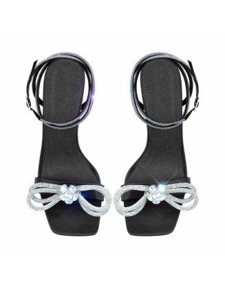 Square Toe Diamante Bow Rhinestone Ankle Strap Sandals