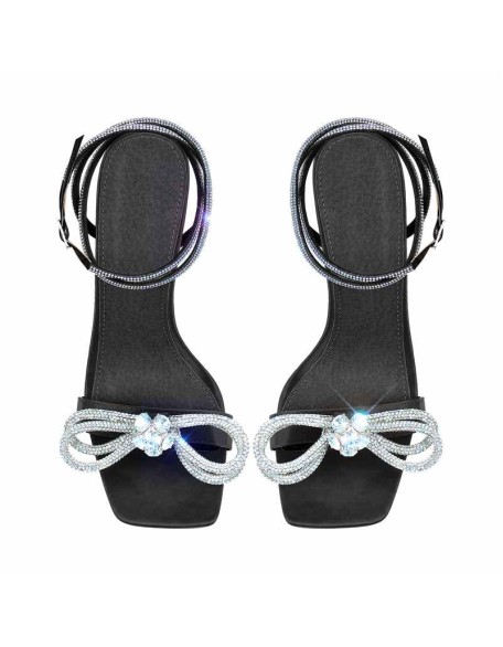 Square Toe Diamante Bow Rhinestone Ankle Strap Sandals