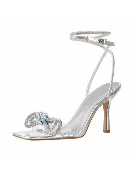 Square Toe Diamante Bow Rhinestone Ankle Strap Sandals