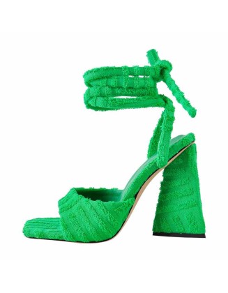 Square Toe Towelling Lace Up Chunky Heel Sandals