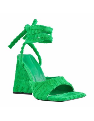 Square Toe Towelling Lace Up Chunky Heel Sandals