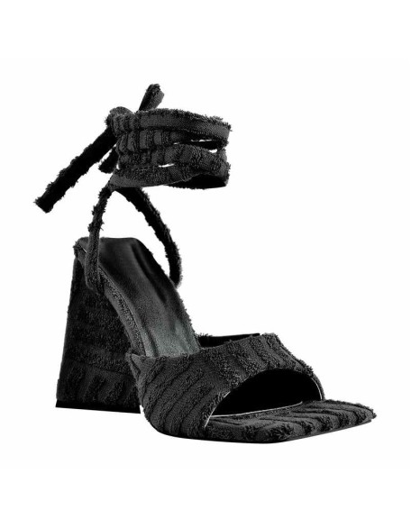 Square Toe Towelling Lace Up Chunky Heel Sandals