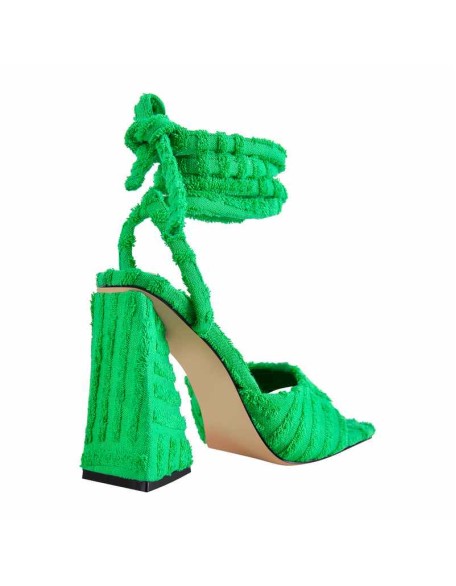 Square Toe Towelling Lace Up Chunky Heel Sandals