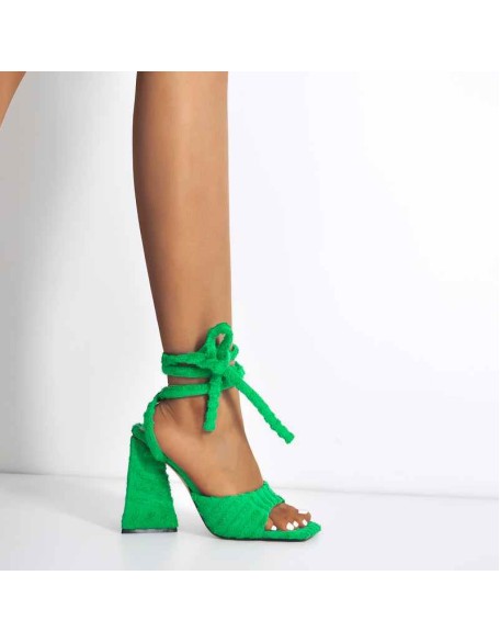 Square Toe Towelling Lace Up Chunky Heel Sandals