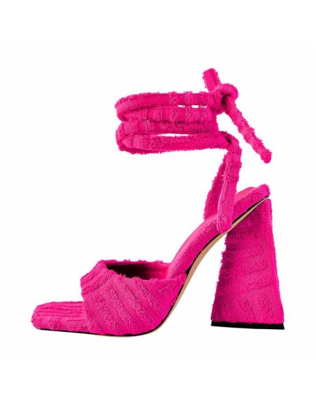 Square Toe Towelling Lace Up Chunky Heel Sandals