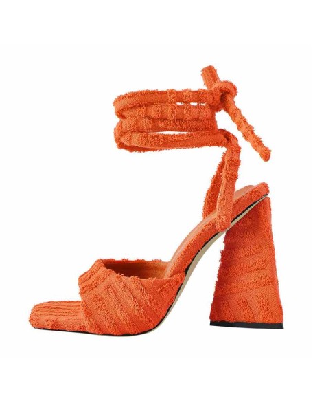 Square Toe Towelling Lace Up Chunky Heel Sandals