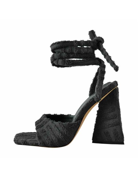 Square Toe Towelling Lace Up Chunky Heel Sandals