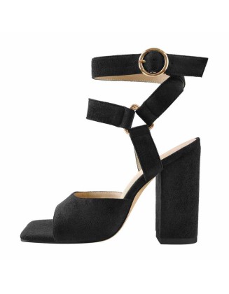 Square Toe Suede Ankle Strap Chunky Heel Sandals
