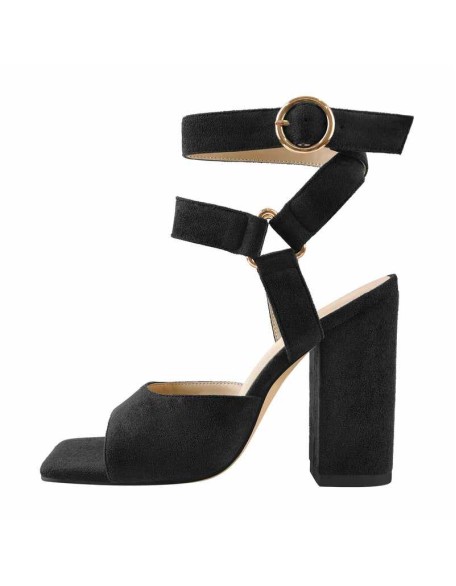 Square Toe Suede Ankle Strap Chunky Heel Sandals