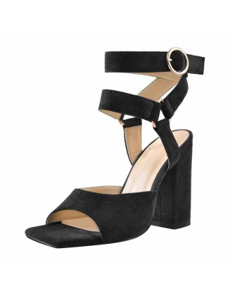 Square Toe Suede Ankle Strap Chunky Heel Sandals