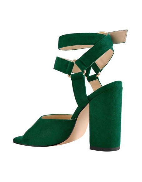 Square Toe Suede Ankle Strap Chunky Heel Sandals