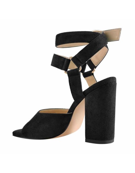 Square Toe Suede Ankle Strap Chunky Heel Sandals