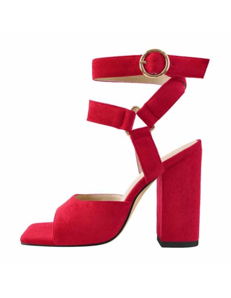 Square Toe Suede Ankle Strap Chunky Heel Sandals