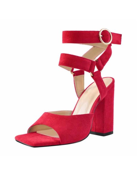 Square Toe Suede Ankle Strap Chunky Heel Sandals