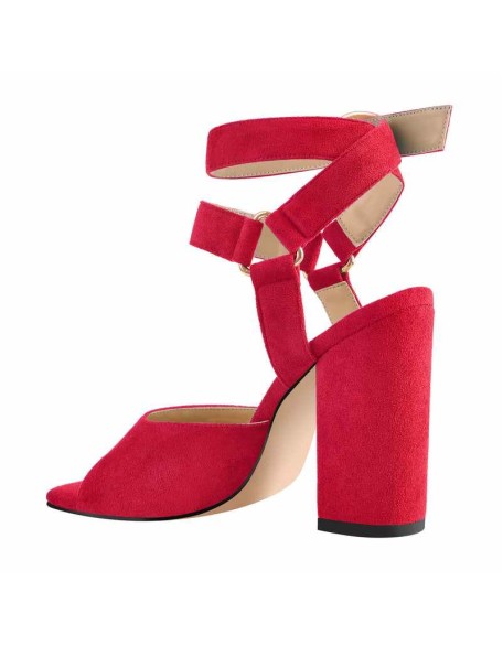 Square Toe Suede Ankle Strap Chunky Heel Sandals