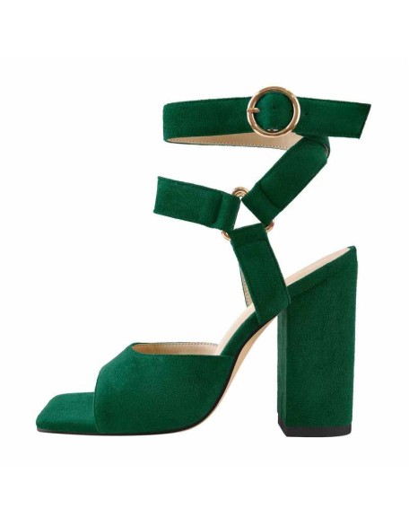Square Toe Suede Ankle Strap Chunky Heel Sandals