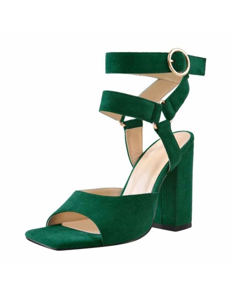 Square Toe Suede Ankle Strap Chunky Heel Sandals