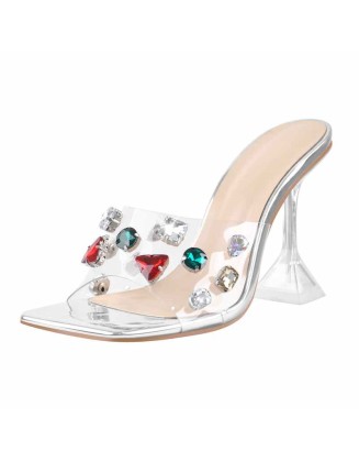 Square Toe Rhinestone Clear Band Mules Sandals