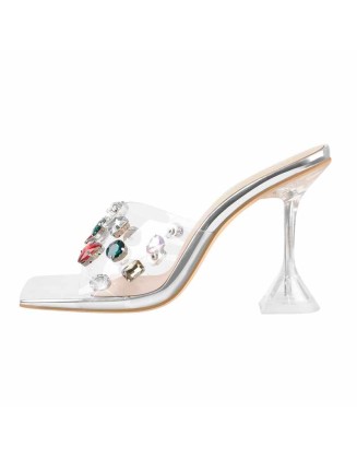 Square Toe Rhinestone Clear Band Mules Sandals